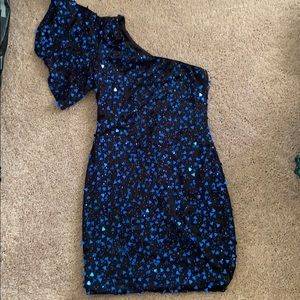 Black and blue sparkly one sleeved mini dress